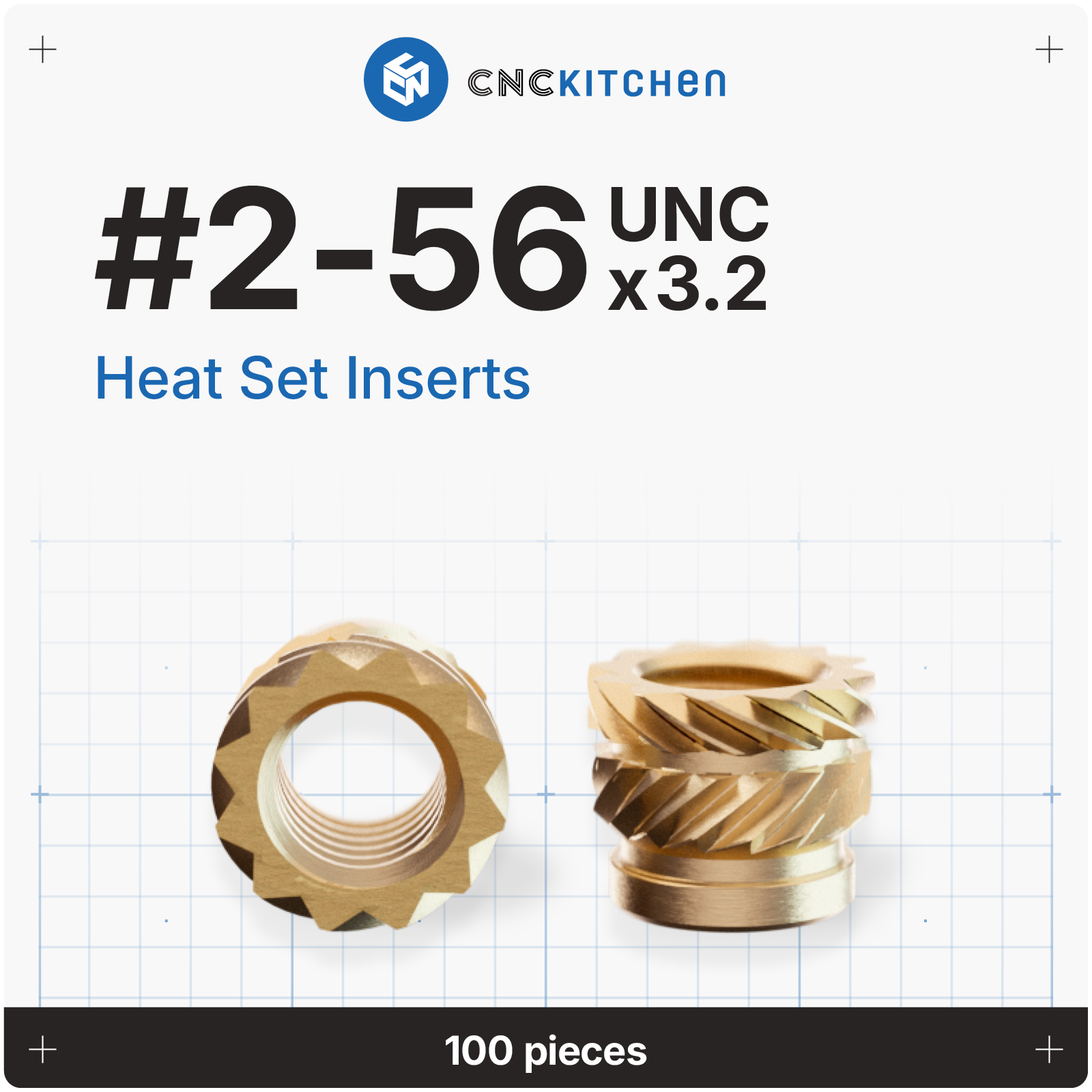 CNC Kitchen heat set inserts #2-56 UNC x 3,2 mm i messing, 100 stk.